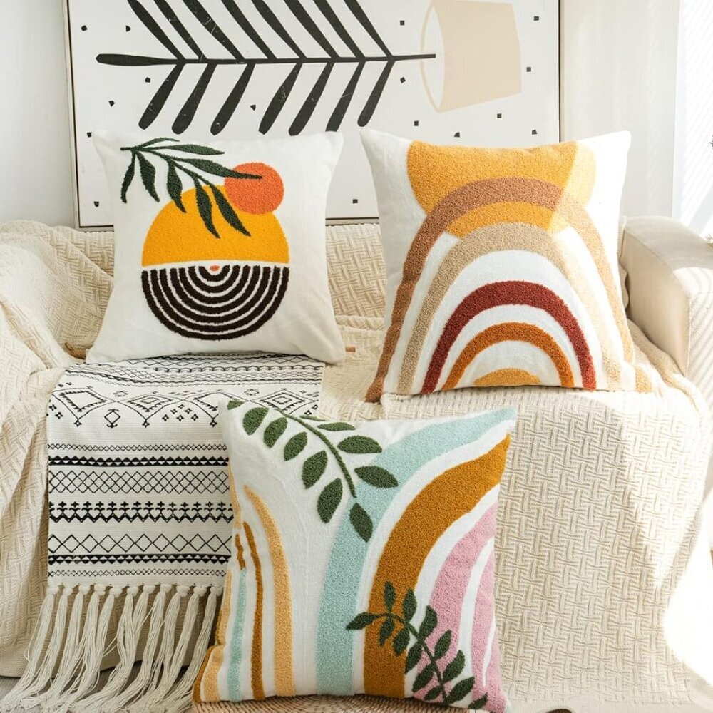 Stylish Bohu Colorful Throw Pillow Covers 18x18,Soft Mid Century Floral Minimali - Picture 7 of 8